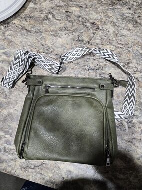 Olive Green Crossbody Bag with Patterned Strap